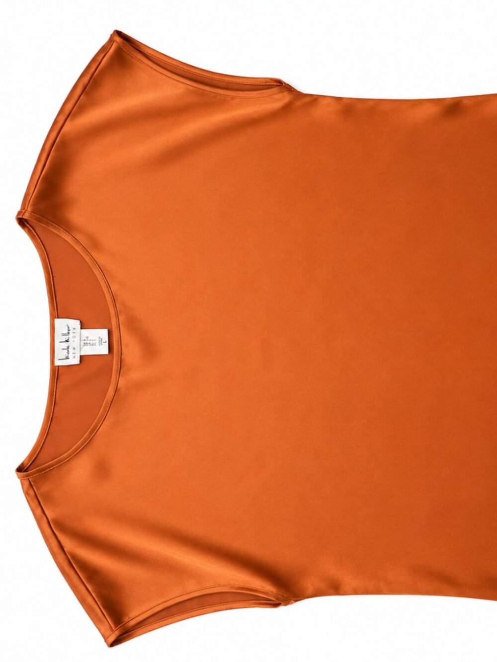 Nicole Miller New York Satin Blouse Top Large Copper Orange Cap Sleeve Silky - Picture 2 of 2